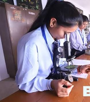 Students observing plant samples through microscopes